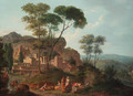 An Italianate landscape with figures resting by a fountain, a town beyond - (after) Nicolas-Didier Boguet