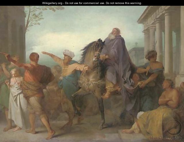 A classical scene with an old man being lead through a city on horseback - (after) Nicolas-Antoine Taunay