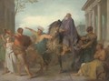 A classical scene with an old man being lead through a city on horseback - (after) Nicolas-Antoine Taunay