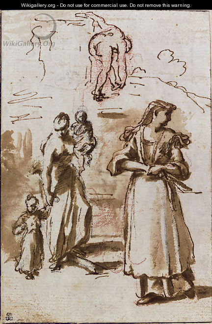 A woman holding two children, another woman, and a study of a nude woman - (after) Nicolas Vleughels