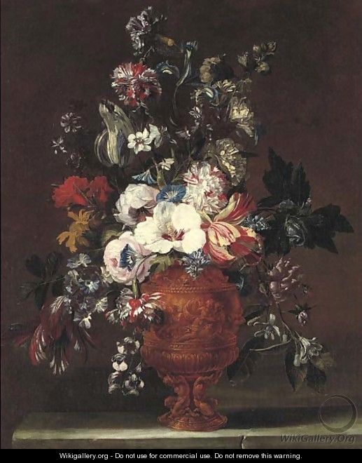 Parrot tulips, roses, carnations, morning glory and other flowers in a sculpted urn - (after) Nicolas Van Veerendael