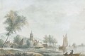 An extensive landscape with a church on the banks of a broad river - (after) Nicolaes Wicart
