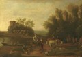 An Italianate landscape with travellers and their flocks on a path - (after) Nicolaes Berchem