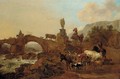 An Italianate landscape with drovers and their cattle crossing a bridge - (after) Nicolaes Berchem