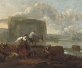 A shepherdess and farm labourers by a lake, a hilltop village beyond - (after) Nicolaes Berchem