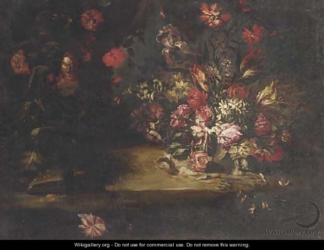 Roses, tulips and other mixed flowers on a ledge - (after) Nicola Casissa