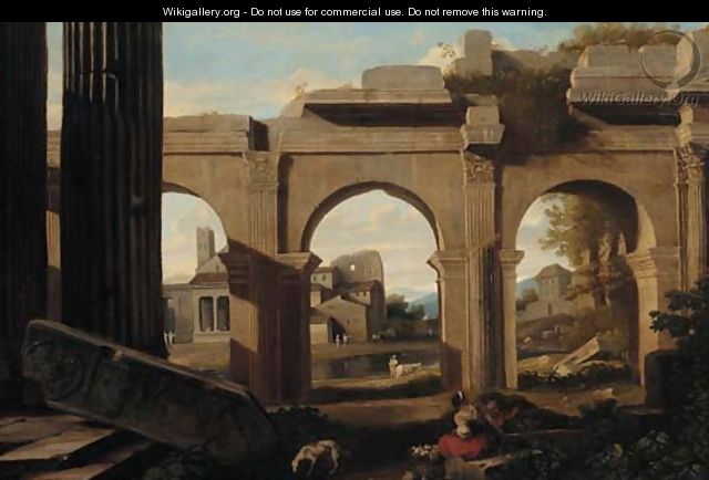 A capriccio of Roman ruins with figures by a lake - (after) Viviano Codazzi