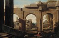 A capriccio of Roman ruins with figures by a lake - (after) Viviano Codazzi
