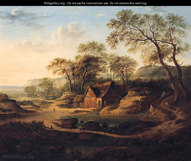 A Wooded Landscape With A Watermill, A Drover With Cattle, A Coastal Hamlet Beyond - (after) Patrick Nasmyth