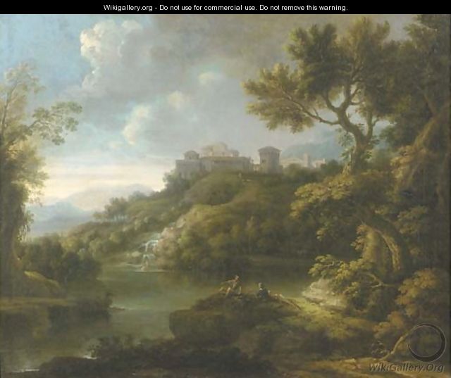 An arcadian landscape with figures resting by a lake, a town on a hilltop beyond - (after) Paolo Anesi
