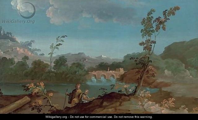 A river landscape with two travellers, a bridge beyond - (after) Paolo Anesi