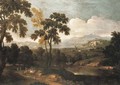 An extensive river landscape with a hunting party - (after) Pandolfo Reschi