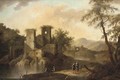 A landscape with Italianate ruins, anglers and other figures by a river - (after) Pandolfo Reschi