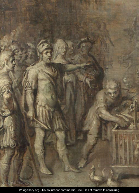 Julius Ceasar consulting the oracle of the holy chickens - en grisaille - (after) Otto Van Veen