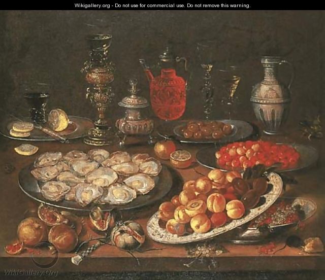 Oysters, peaches, cherries, redcurrants and olives on plates - (after) Osias, The Elder Beert