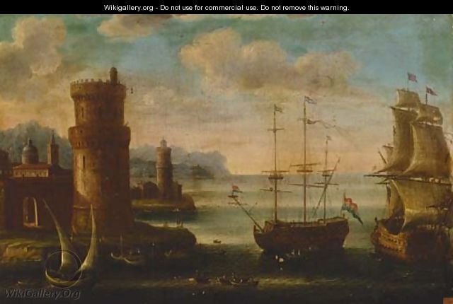A Mediterranean harbour with moored men-o