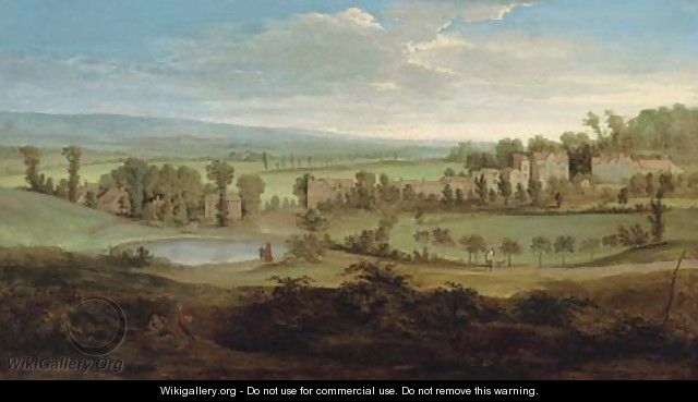 Figures in an extensive landscape with a country house in the distance - (after) Peter Tillemans