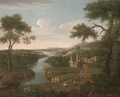 An extensive wooded river landscape with a shepherd, his family and cattle on a track, a village beyond - (after) Peter Tillemans