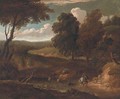 A wooded track with cattle drinking at a river and figures with a dog - (after) Peter Tillemans