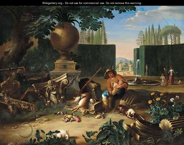 A formal garden with a hunter and his dog resting beside classical ruins, figures and dogs beyond - (after) Pieter Snyers