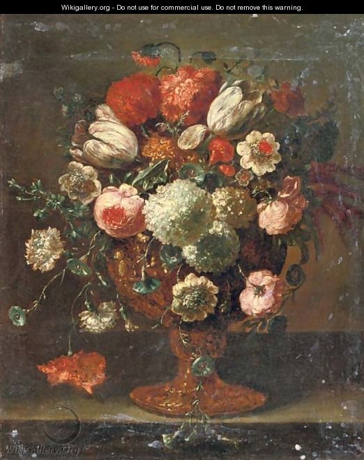 Roses, tulips, violets, hydrangeas and other flowers in an earthenware vase on a stone ledge - (after) Peter Casteels III