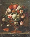 Roses, tulips, violets, hydrangeas and other flowers in an earthenware vase on a stone ledge - (after) Peter Casteels III