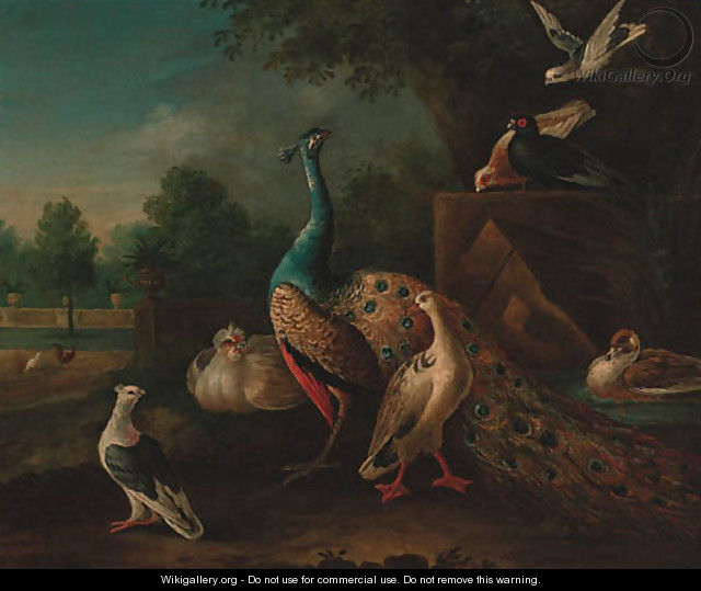 A peacock, ducks and pigeons by a pond, an ornamental lake beyond - (after) Peter Casteels III