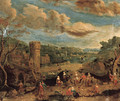 A river landscape with villagers on a track by a ferry; and A river landscape with peasants dancing before a town - (after) Peeter Bout