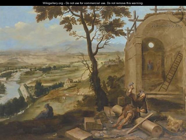 An extensive river landscape with a monk constructing a church - (after) Paolo Fiammingo