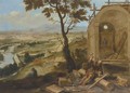 An extensive river landscape with a monk constructing a church - (after) Paolo Fiammingo
