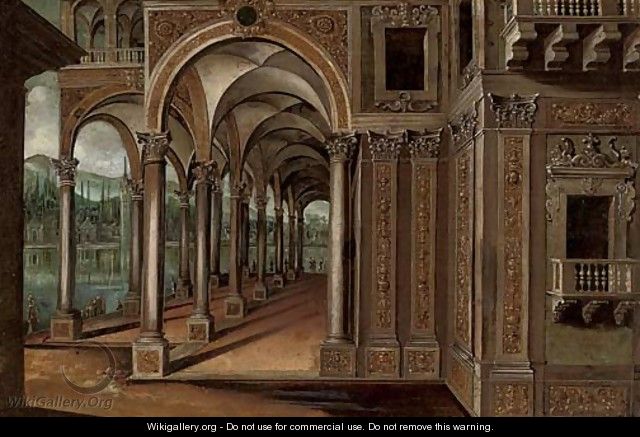 A capriccio of a lakeside palace with elegant company - (after) Paul Vredeman De Vries
