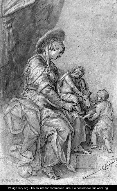 The Virgin and Child with the Infant Baptist playing with a lamb - (after) Paulus Van Vianen