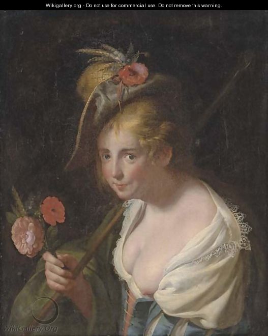 A shepherdess, with a bouquet of wheat, poppy and a rose - (after) Paulus Moreelse