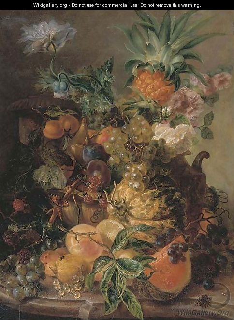 Peaches, plums, grapes, lemons, a melon, a pineapple and rosehips on a stone ledge with a bee - (after) Paul-Theodor Van Brussel