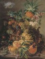 Peaches, plums, grapes, lemons, a melon, a pineapple and rosehips on a stone ledge with a bee - (after) Paul-Theodor Van Brussel