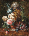 Roses, tulips, a hyacinth and other flowers in a terracotta vase with a melon, grapes and plums on a marble ledge - (after) Paul Theodor Van Brussel