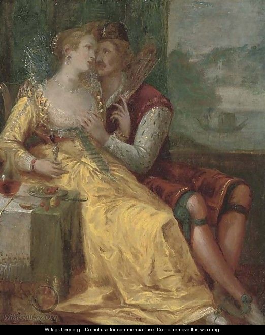 A couple courting in an interior, a river landscape beyond - (after) Louis De Caullery