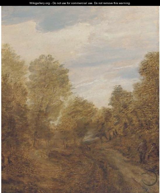 A wooded landscape with figures on a track - (after) Lodewijk De Vadder