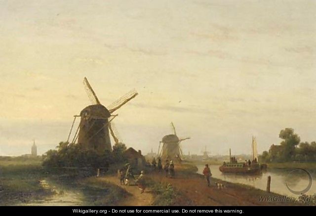 Figures along a canal near The Hague - (after) Lodewijk Johannes Kleijn