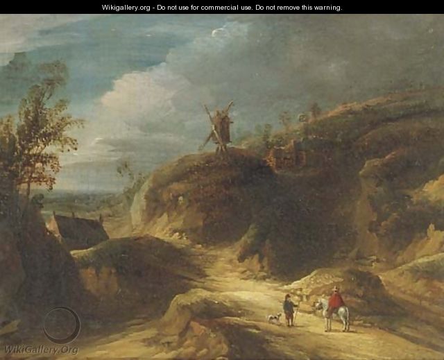 A mountainous landscape with travelers conversing on a path, a windmill beyond - (after) Lodewijk De Vadder