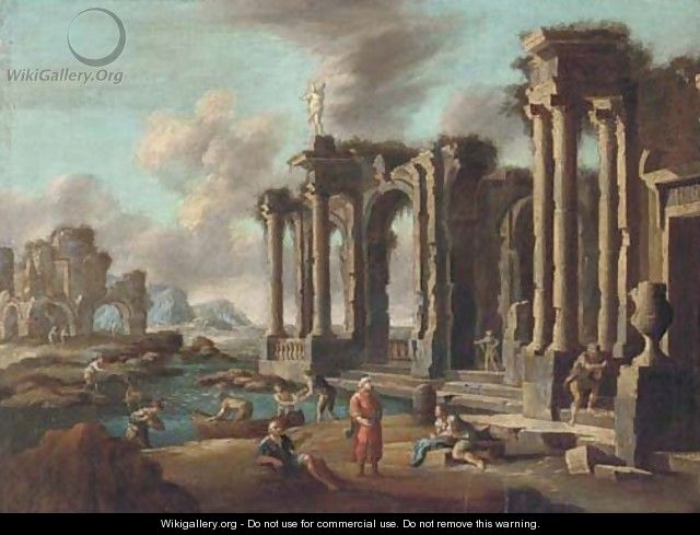 A capriccio of Roman ruins with travellers - (after) Leonardo Corrorante