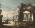 A Mediterranean harbour with shipping and figures on the quay - (after) Leonardo Coccorante