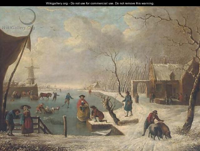 Dutch skaters and tradesmen at a frozen waterway - (after) Leendert De Koningh