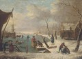 Dutch skaters and tradesmen at a frozen waterway - (after) Leendert De Koningh