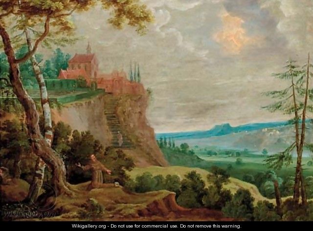 The Penitent Saint Francis in a landscape - (after) Lucas Van Uden