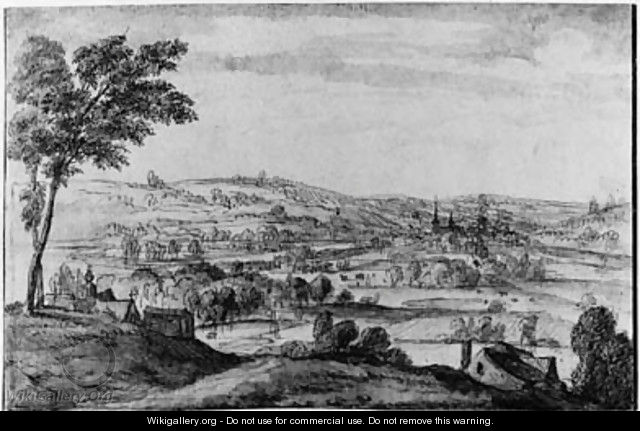 An extensive wooded hilly Landscape with a Monastery in the foreground, a town beyond - (after) Lucas Van Uden