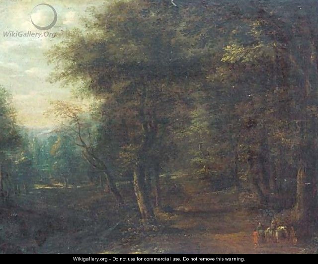 A wooded landscape with travellers on a track - (after) Lucas Van Uden
