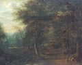 A wooded landscape with travellers on a track - (after) Lucas Van Uden