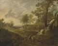 A wooded landscape with huntsmen on a path - (after) Lucas Van Uden