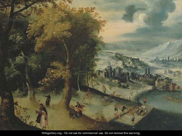 A mountainous river landscape with travelling pilgrims, towns beyond - (after) Lucas Gassel
